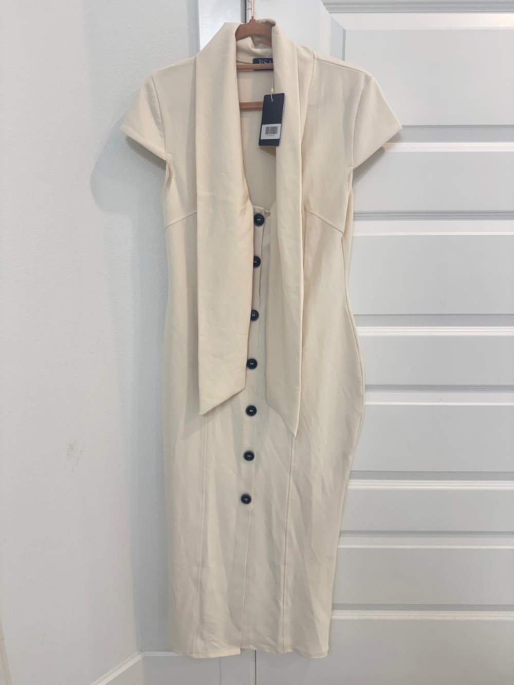 Cream Button-Front Midi Dress with Shawl Tie Collar